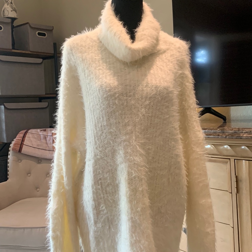 Ivory Fuzzy Faux Fur Cowl Neck Sweater